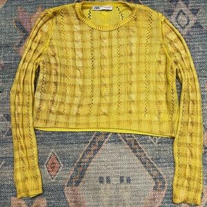 Zara Yellow Cropped Cable Knit Sweater